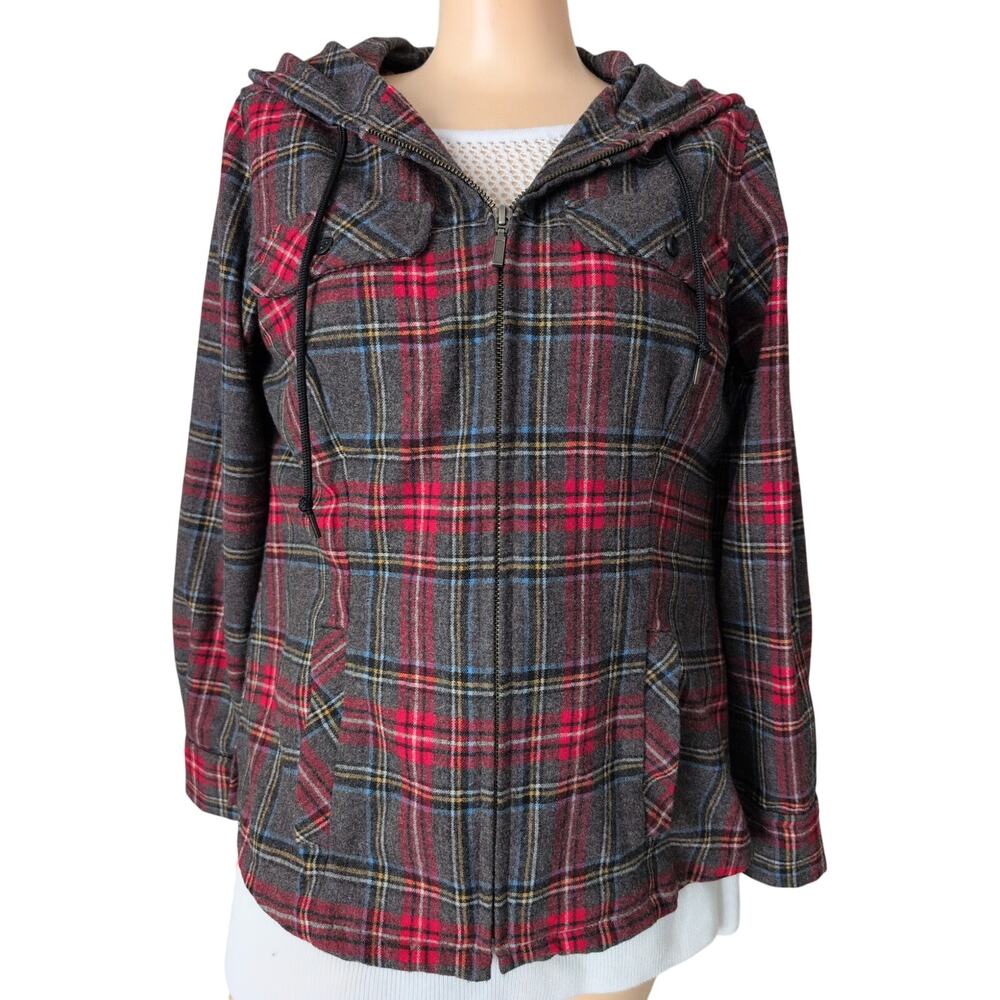 Pendleton Virgin Wool‎ Board Plaid Full Zip Hooded Jacket Women Small Gray Red